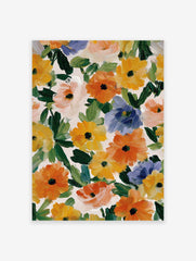 Abstract floral painting featuring orange, yellow, and blue flowers with green leaves on a light background.