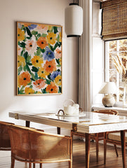 Abstract floral painting featuring orange, yellow, and blue flowers with green leaves on a light background. - Image 2
