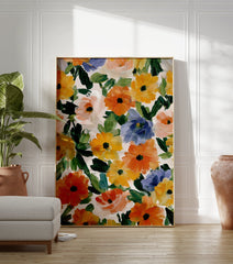 Abstract floral painting featuring orange, yellow, and blue flowers with green leaves on a light background. - Image 3