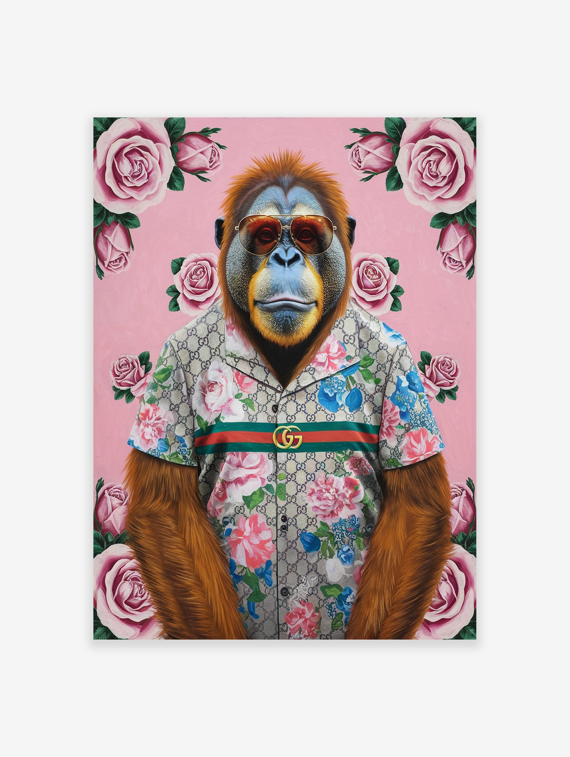 Orangutan poster wearing a Gucci floral shirt and sunglasses, set against a pink background with multiple pink roses.