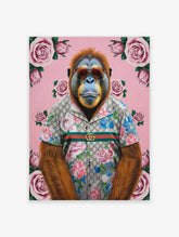 Orangutan poster wearing a Gucci floral shirt and sunglasses, set against a pink background with multiple pink roses.