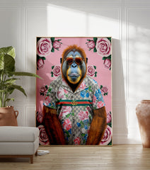 Orangutan poster wearing a Gucci floral shirt and sunglasses, set against a pink background with multiple pink roses. - Image 3