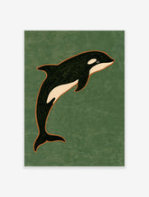 Minimalist orca killer whale illustration with orange outline on a dark green background