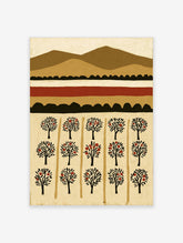 Orchard wall art with stylised trees bearing red fruit, layered brown hills, and a red stripe on beige background