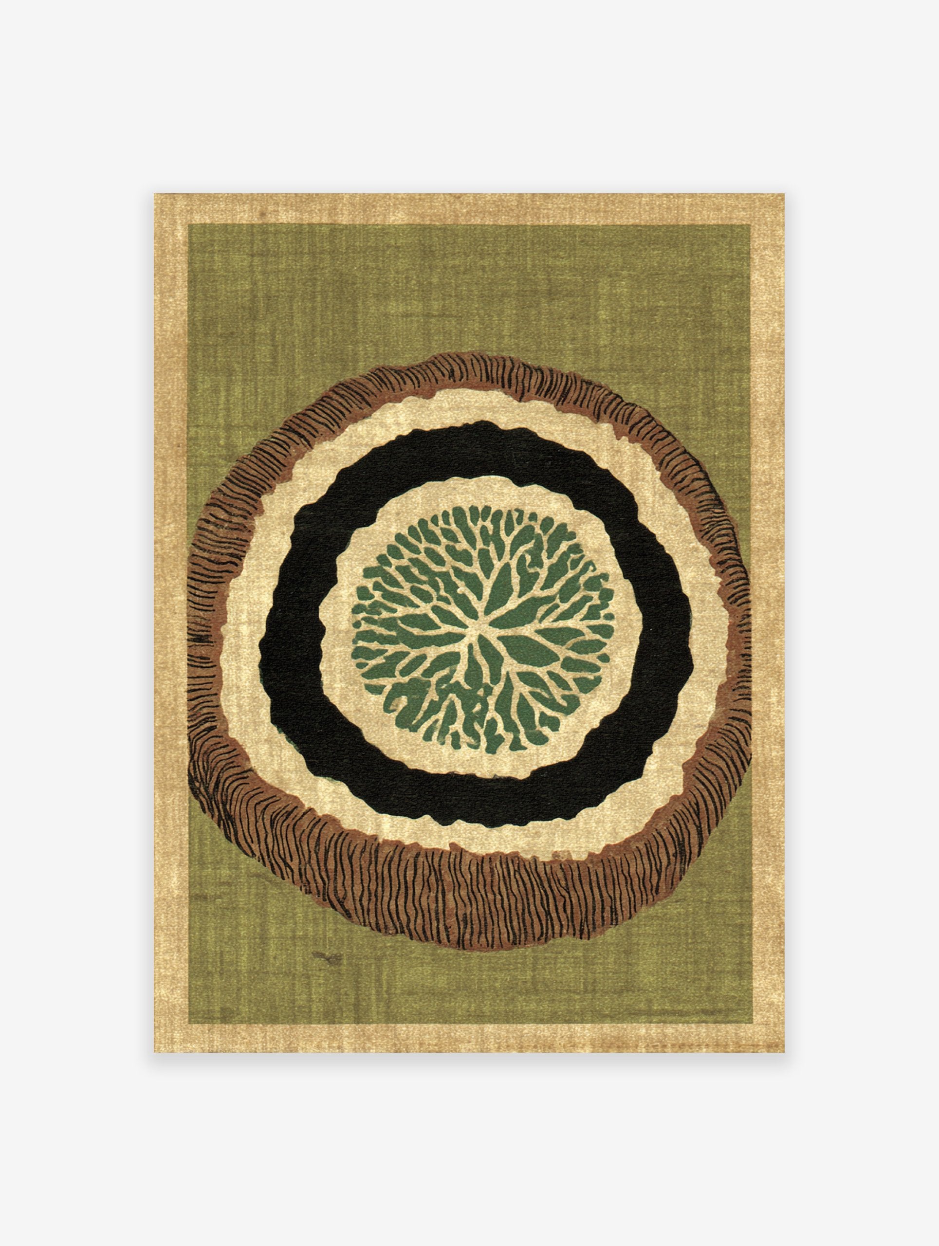 Organic abstract wall art print with green, black, and brown concentric rings, resembling a tree slice, on a green background.