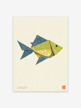 Origami fish wall art print with green, yellow, and blue patterned paper on a textured cream background.