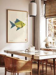 Origami fish wall art print with green, yellow, and blue patterned paper on a textured cream background. - Image 2