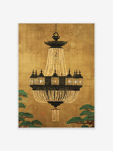 Ornate chandelier with gold crystal beads and black lanterns on a textured gold background with green pine branches