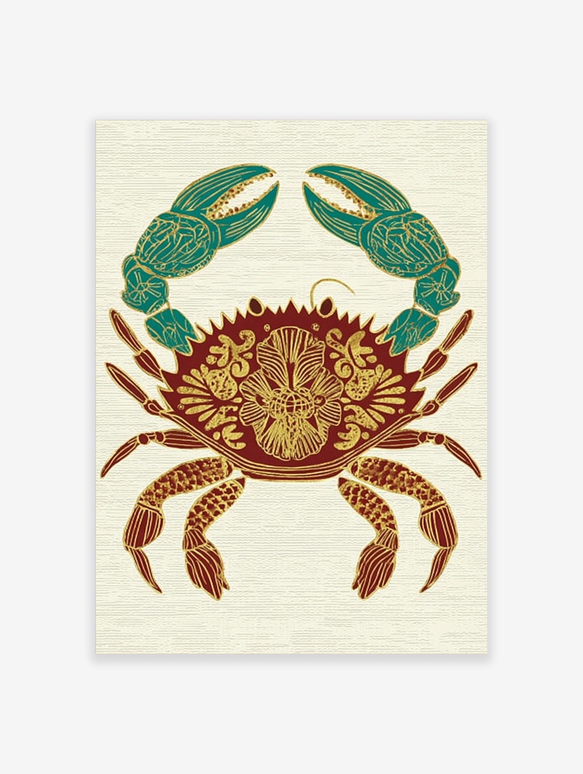 Ornate crab illustration wall art print with gold patterns on a red body and teal claws, on a cream background