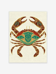 Ornate crab illustration with gold patterns on red and teal body on a light textured background