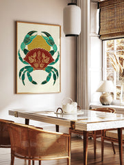 Ornate crab illustration wall art in teal, red, and gold with botanical patterns on a textured, in a styled room mockup