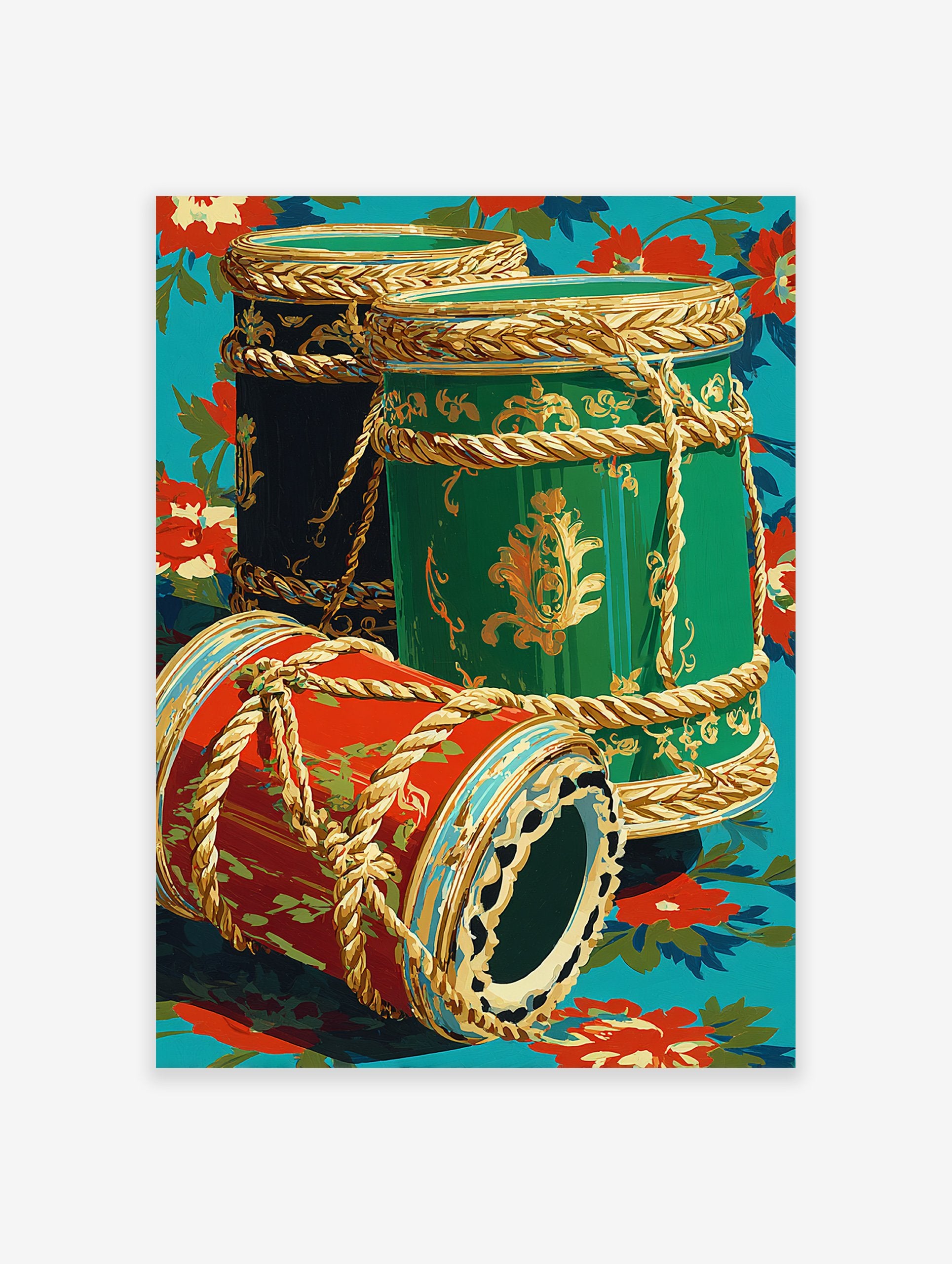 Ornate decorative drums wall art in red, green, and black with gold patterns and ropes on a turquoise floral background.