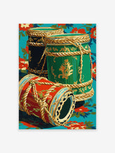 Ornate decorative drums wall art in red, green, and black with gold patterns and ropes on a turquoise floral background.