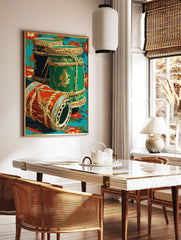 Ornate decorative drums wall art in red, green, and black with gold patterns and ropes on a turquoise floral background. - Image 2