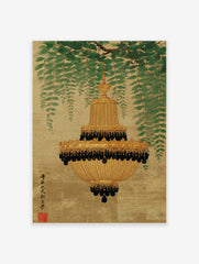 Ornate gold chandelier with black beads hanging from a branch with weeping green leaves on a textured gold background