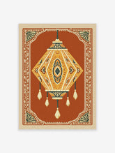 Ornate lantern wall art with geometric patterns in gold, teal, and white on terracotta background
