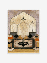 Detailed Mughal interior painting with architectural arches, vases, and cushions in beige and black tones
