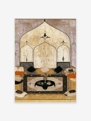 Detailed Mughal interior painting with architectural arches, vases, and cushions in beige and black tones