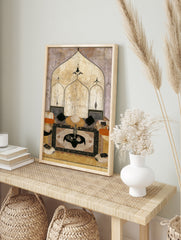 Detailed Mughal interior painting with architectural arches, vases, and cushions in beige and, in an alternate framed mockup