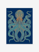 Ornate teal and gold octopus wall art with intricate mandala-like patterns on a dark blue background.