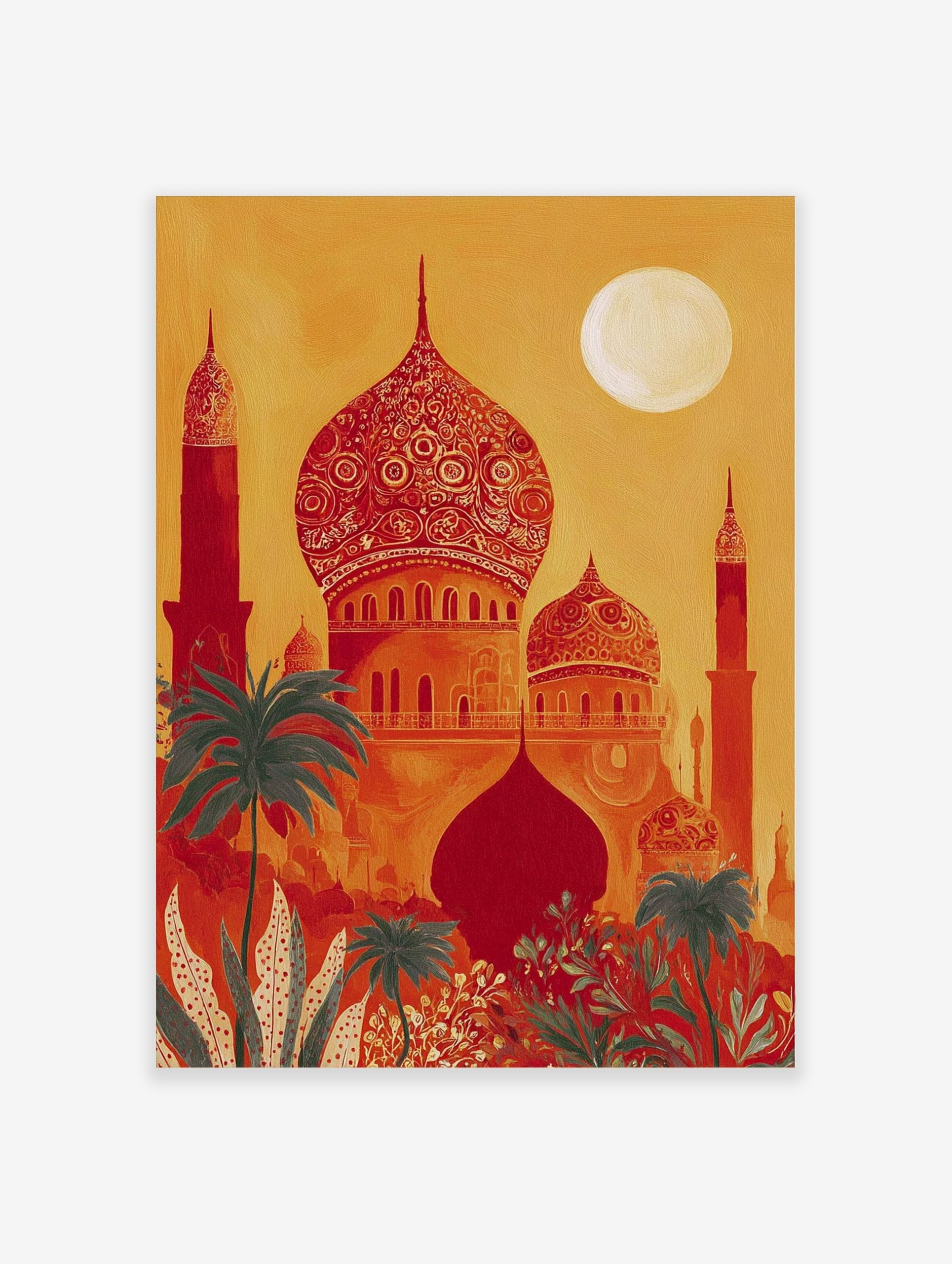 Ornate red and orange Indian-style palace with domes, minarets, green palm trees, and full moon in warm sky