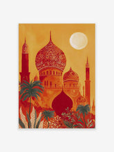 Ornate red and orange Indian-style palace with domes, minarets, green palm trees, and full moon in warm sky