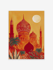 Ornate red and orange Indian-style palace with domes, minarets, green palm trees, and full moon in warm sky