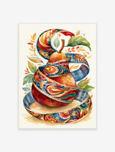 Watercolour pear wrapped in patterned ribbon with autumn leaves, colourful wall art print