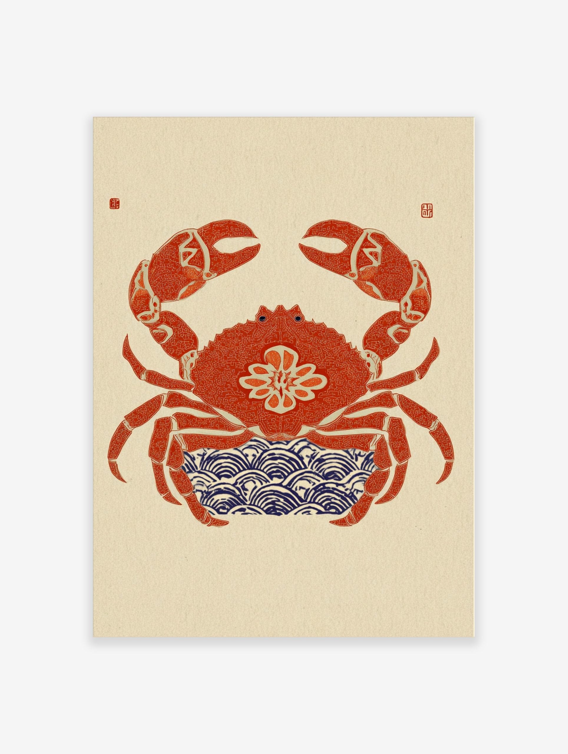 Ornate red crab art print with Japanese wave pattern and seals on a cream background, portrait orientation