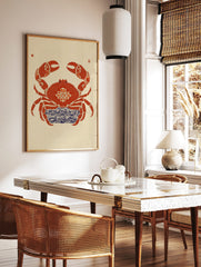 Ornate red crab art print with Japanese wave pattern and seals on a cream background, portrait, in a styled room mockup