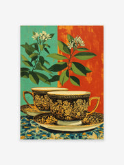 Ornate teacup poster with gold floral design, green leaves, white flowers, and a split teal and orange background.