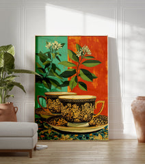 Ornate teacup poster with gold floral design, green leaves, white flowers, and a split teal and orange background. - Image 3