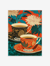 Ornate teacups poster with red and teal floral background, featuring golden patterns on black and red cups.