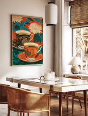 Ornate teacups poster with red and teal floral background, featuring golden patterns on black and red cups. - Image 2