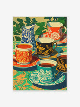 Vibrant ornate teacups poster depicting a modern still life painting with patterned cups, a blue pitcher, and green foliage.