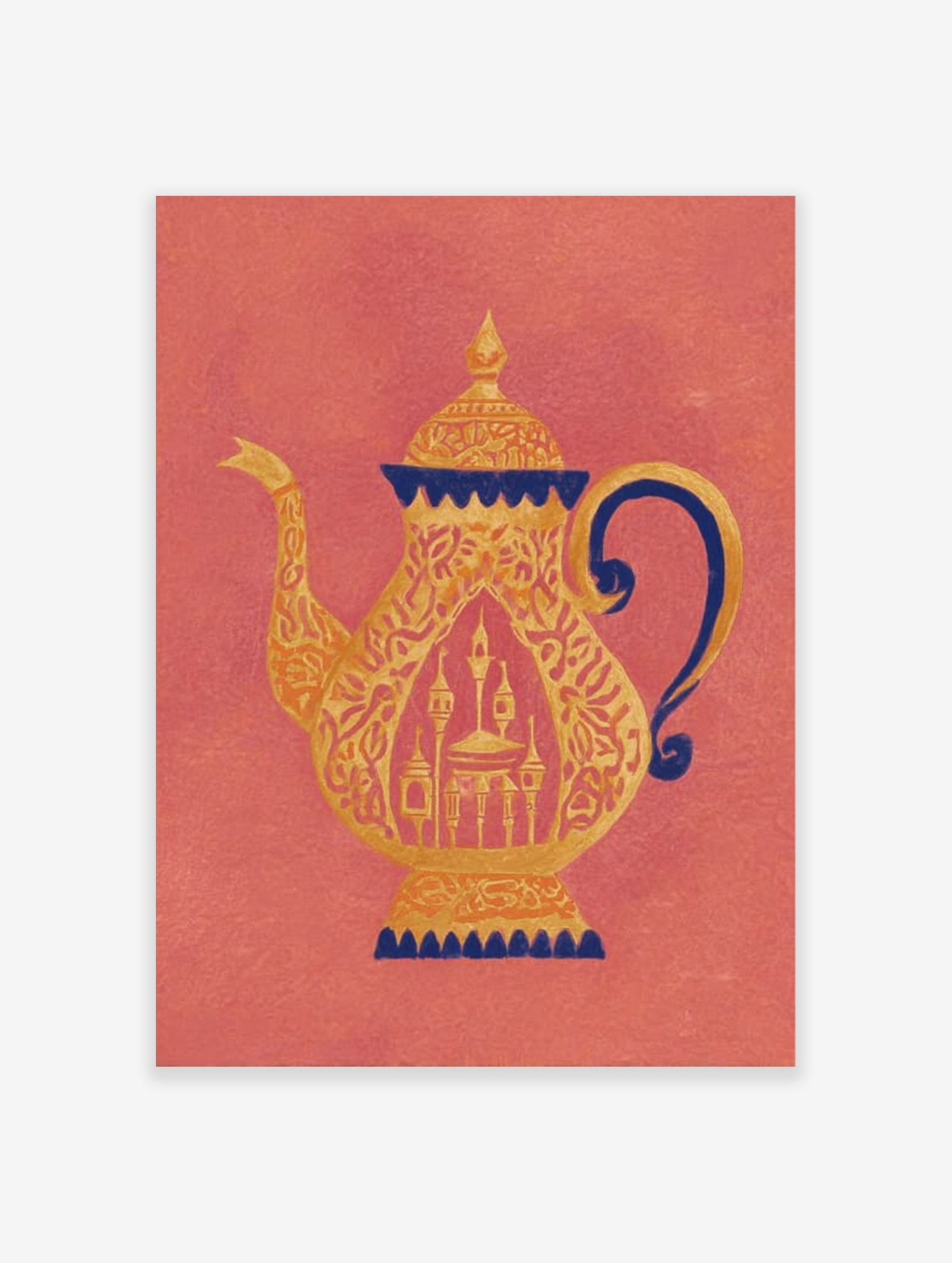 Ornate golden teapot with dark blue accents and intricate patterns on a coral background, showing a mosque within