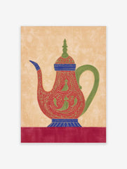 Ornate red teapot illustration with green patterns, blue accents, and a green handle on a beige background