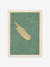 Illustrative art print of a swimming otter in teal water with beige line textures and a cream border.