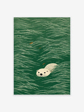 Illustrated art print featuring a light-colored otter swimming in dark green water with white wave lines and small orange fish.