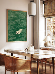 Illustrated art print featuring a light-colored otter swimming in dark green water with white wave lines and small orange fish. - Image 3