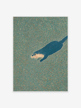Illustrated otter wall art showing a blue otter swimming in textured teal and orange water.
