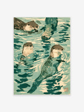 Japanese woodblock otter art print with four otters swimming in teal water