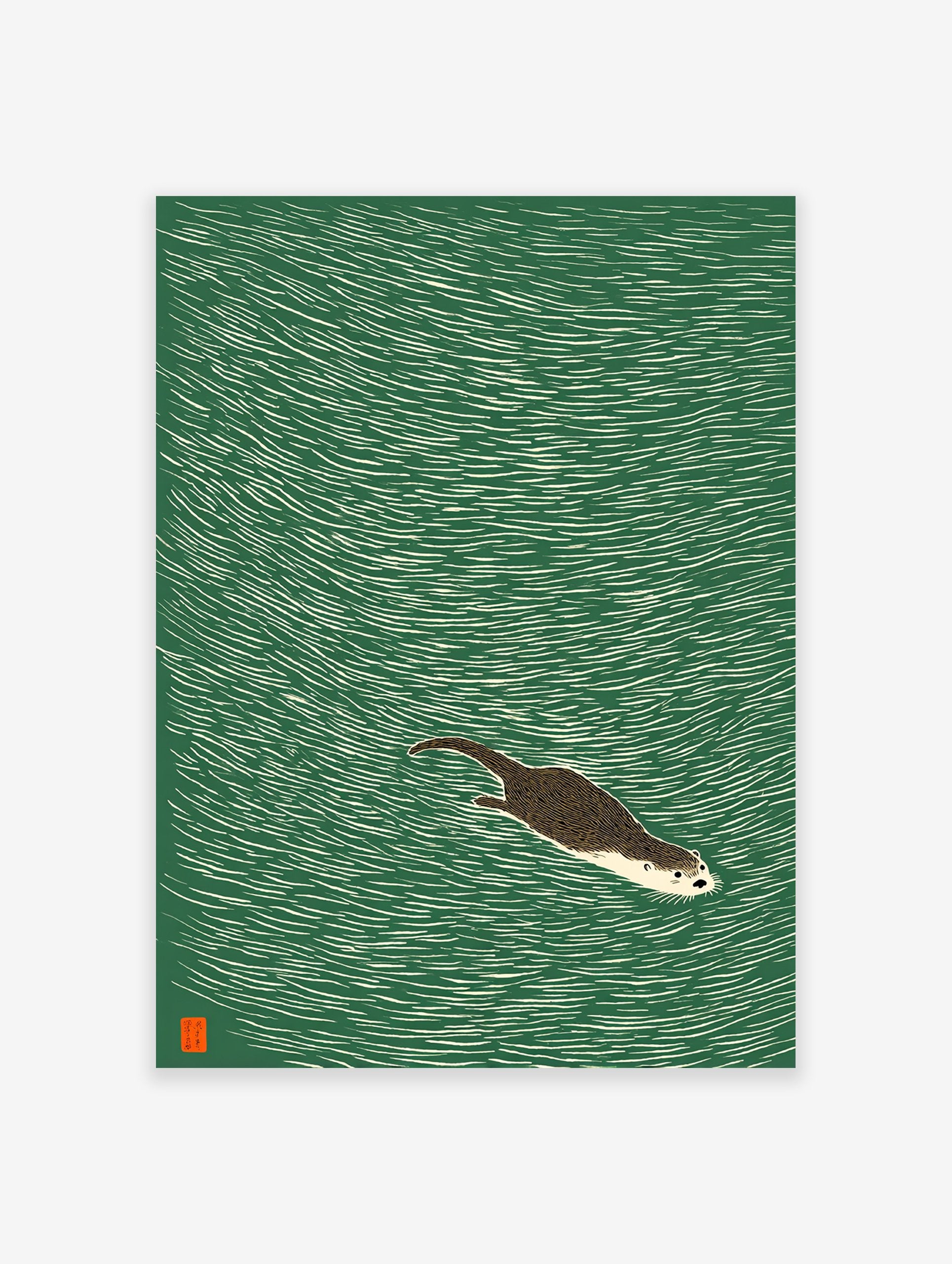Illustrated print of a brown otter swimming in green water, a serene Japanese woodcut style animal wall art.