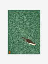 Illustrated print of a brown otter swimming in green water, a serene Japanese woodcut style animal wall art.