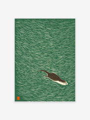 Illustrated print of a brown otter swimming in green water, a serene Japanese woodcut style animal wall art.