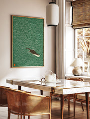 Illustrated print of a brown otter swimming in green water, a serene Japanese woodcut style animal wall art. - Image 3