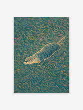 Illustrated otter swimming in teal water with orange ripple lines, nature animal wall art print