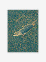 Illustrated otter swimming in teal water with orange ripple lines, nature animal wall art print