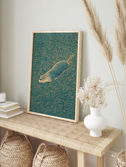 Illustrated otter swimming in teal water with orange ripple lines, nature animal wall art print - Image 3