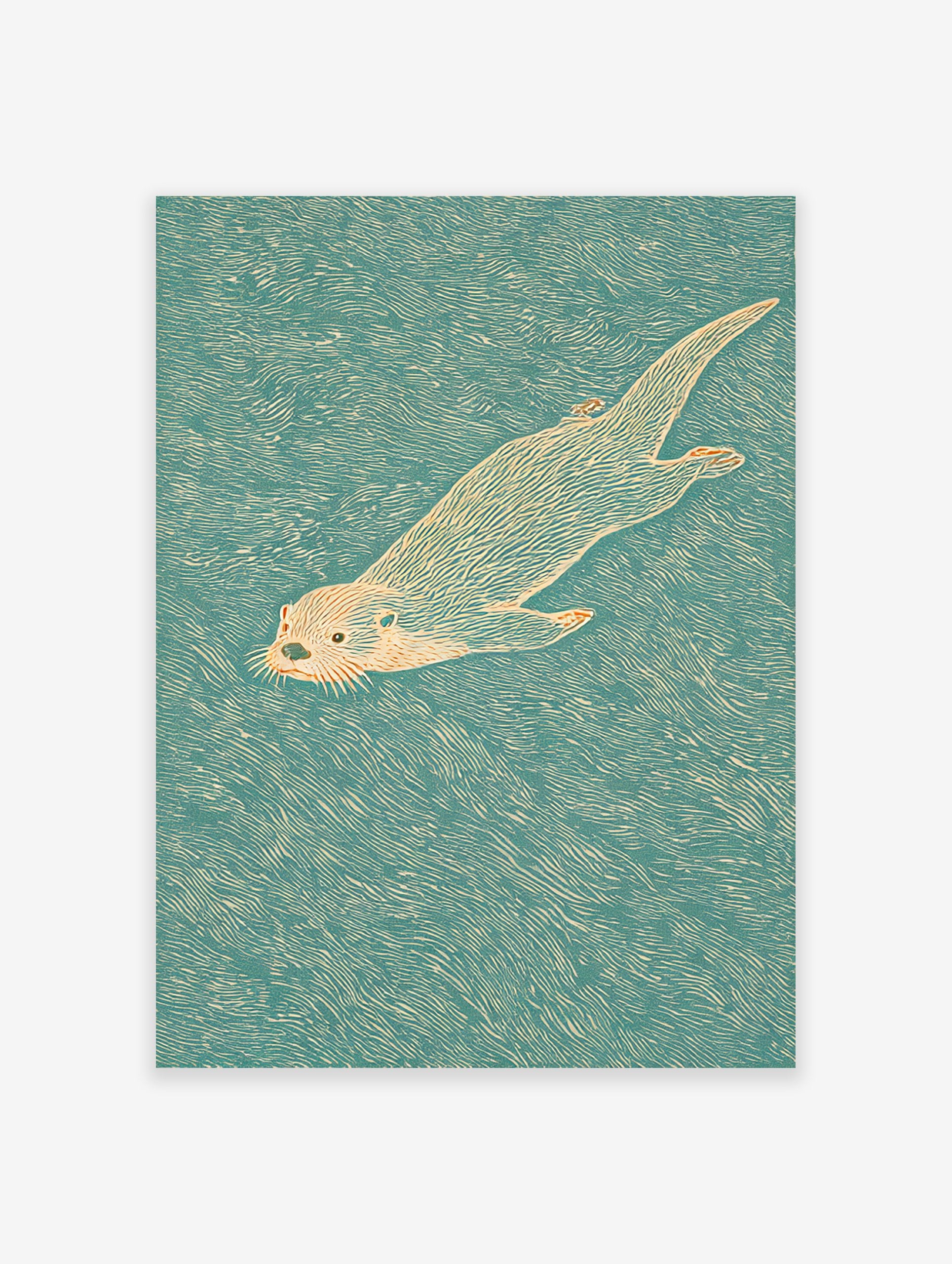 Illustrative otter wall art print of a swimming otter in teal water with orange fur details.